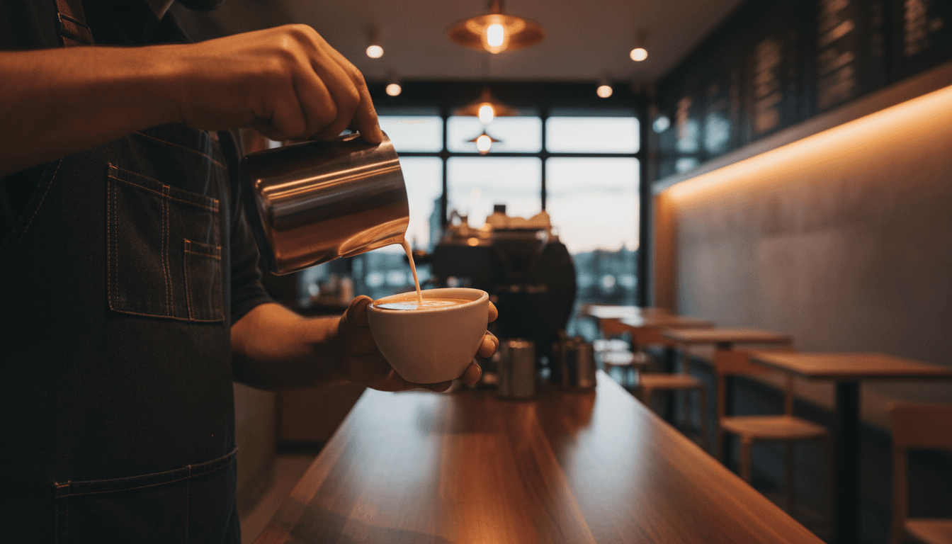 Barista vertiendo leche sobre una taza de café en un ambiente de cafetería moderna