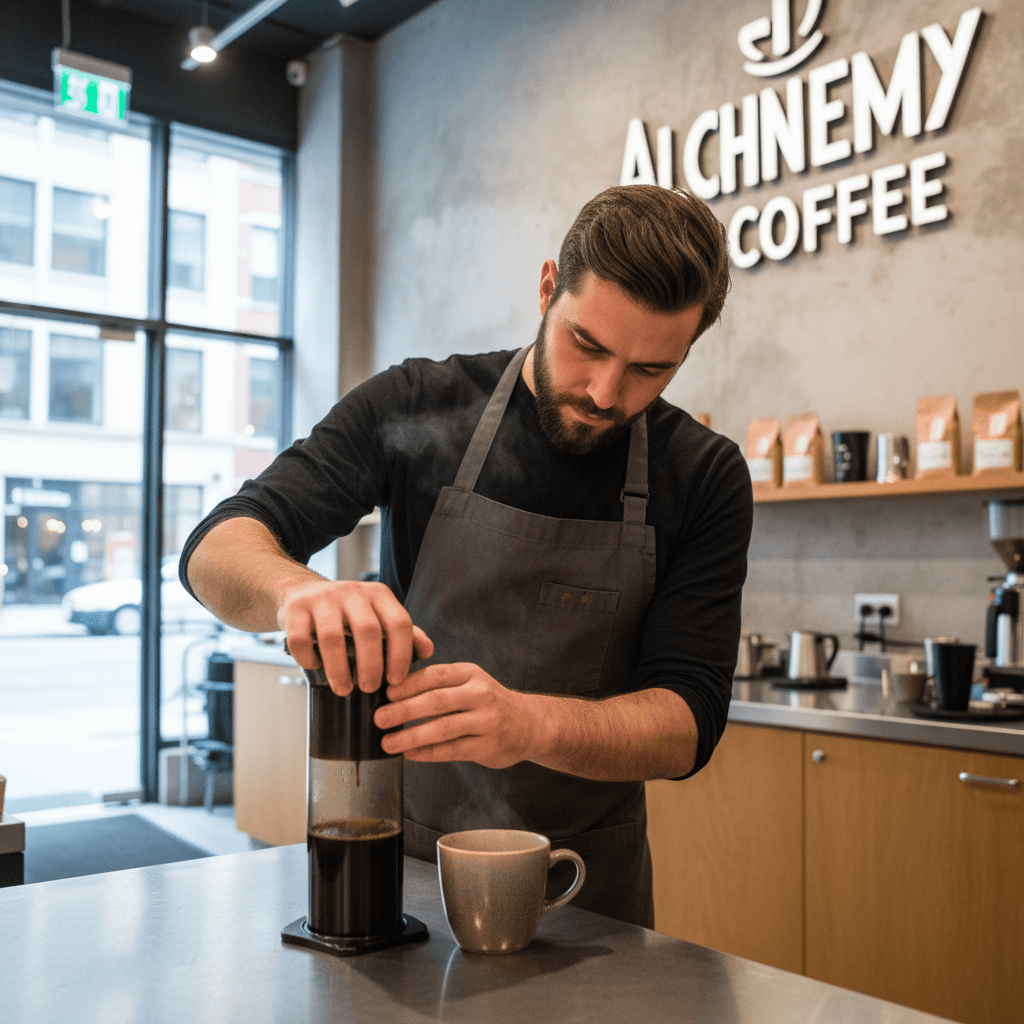 Barista preparando café con Aeropress en la barra