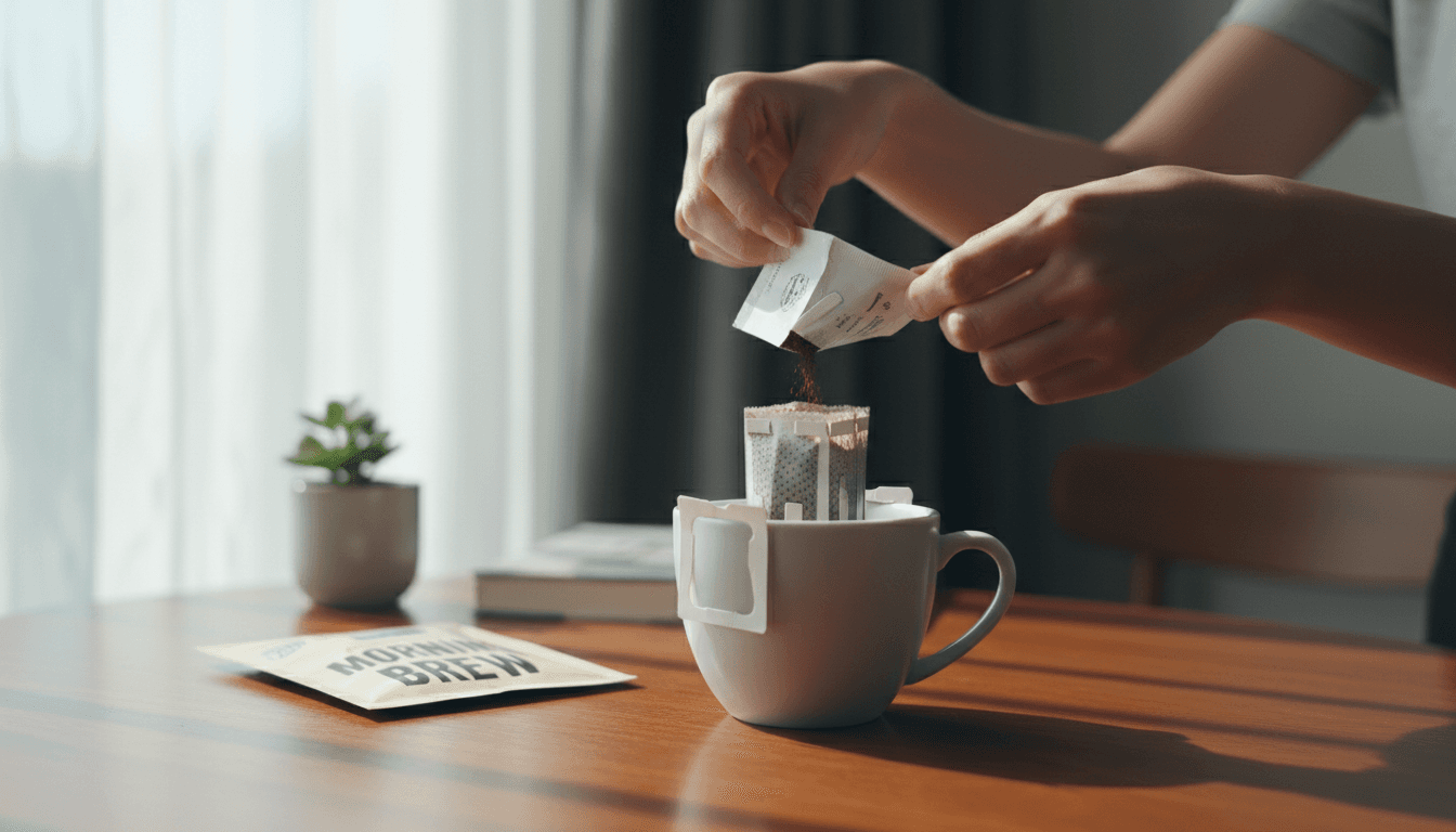 Bolsa de coffee drip abriéndose sobre una taza de cerámica