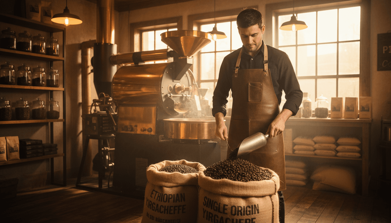Barista sosteniendo granos de café recién tostados en una bolsa de yute en el tostadero de La Bourbonería