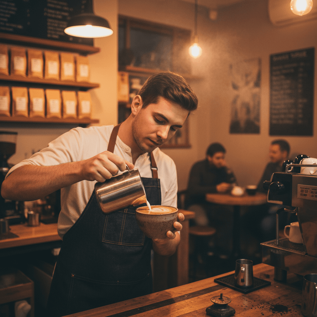 Barista vierte leche vaporizada en una taza de café creando arte latte en una cafetería.