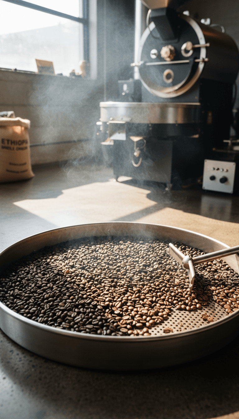 Granos de café recién tostados en la bandeja de enfriamiento de la tostadora
