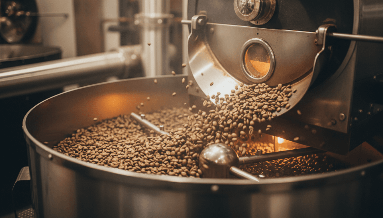 Tambor de tostador de café girando con granos en su interior