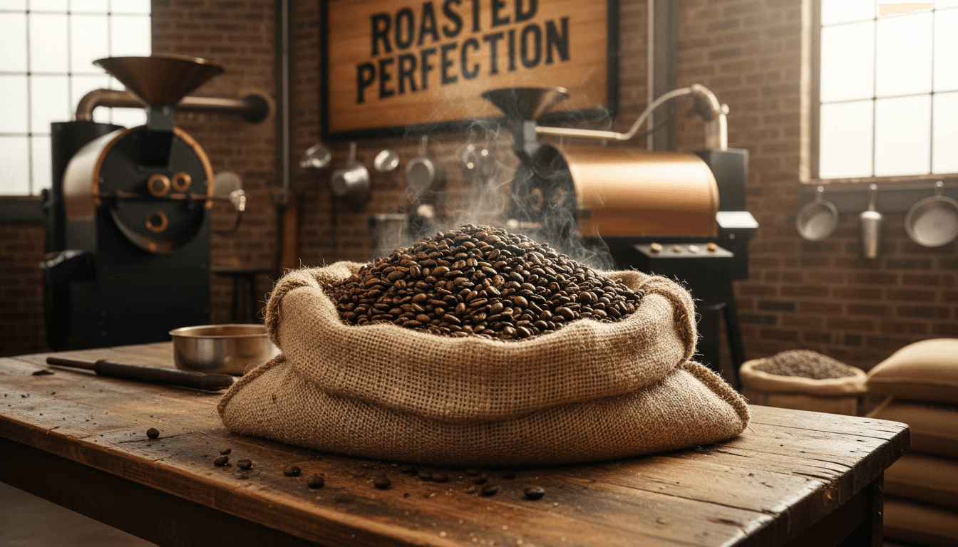 Granos de café recién tostados en saco de yute