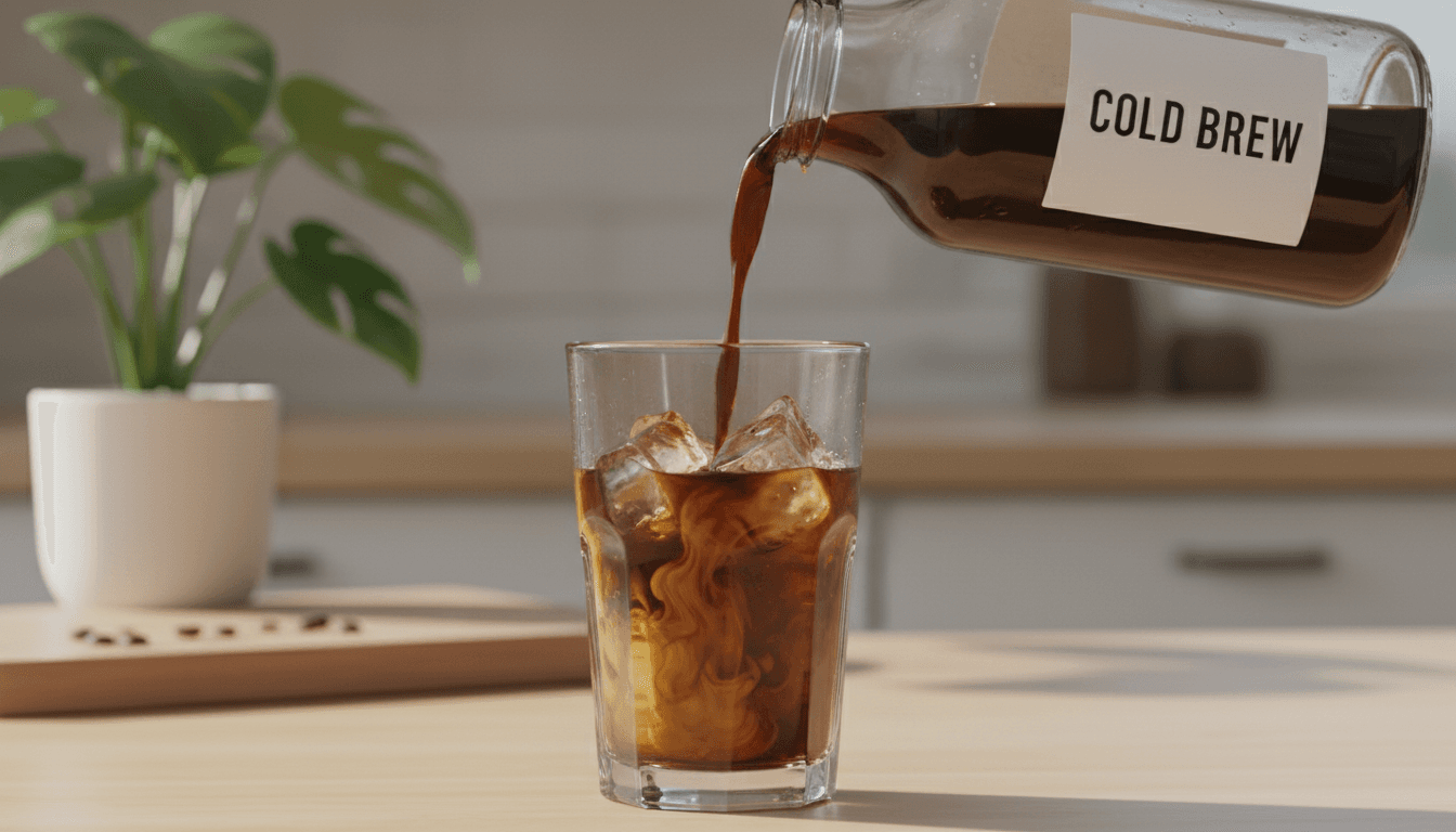 Botella de concentrado de cold brew vertiéndose en un vaso con hielo