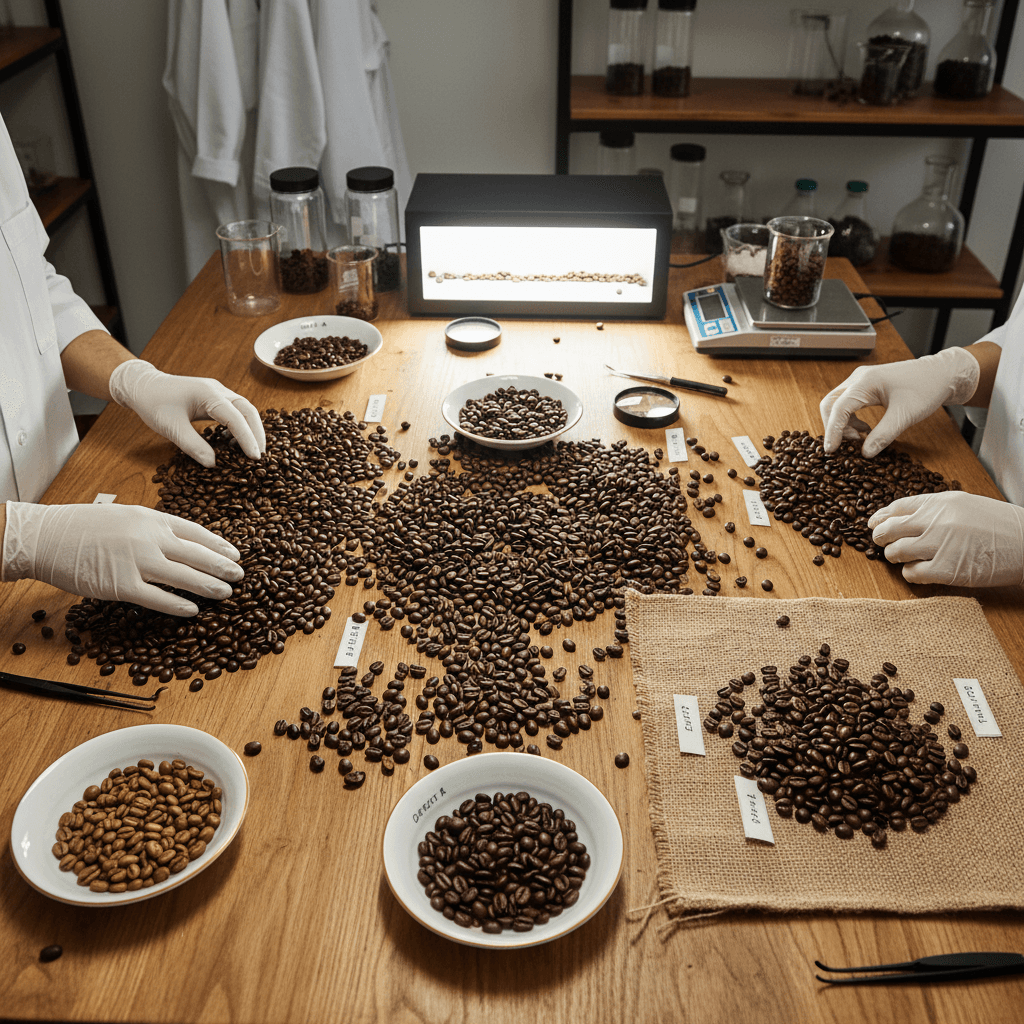 Catación de granos de café en el laboratorio de calidad