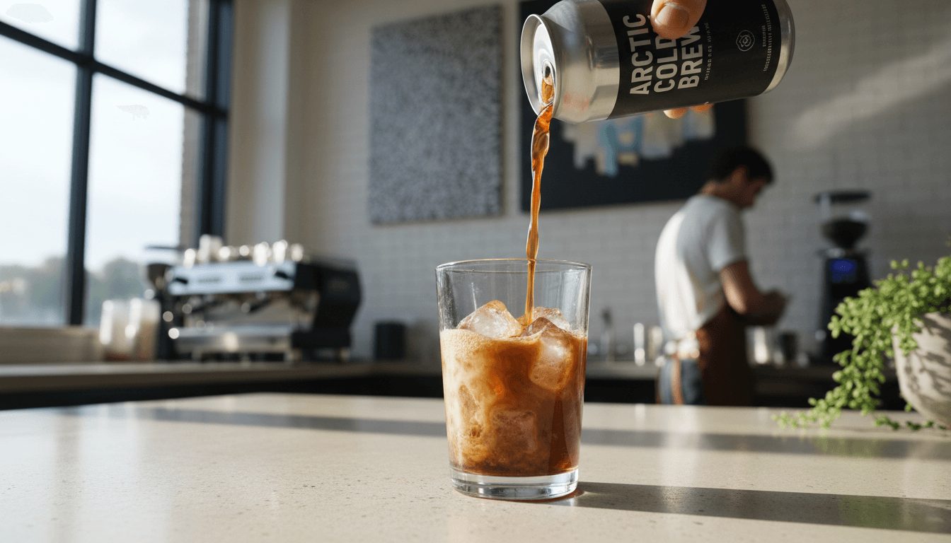 Lata de cold brew nitrogenado siendo servida en un vaso con hielo