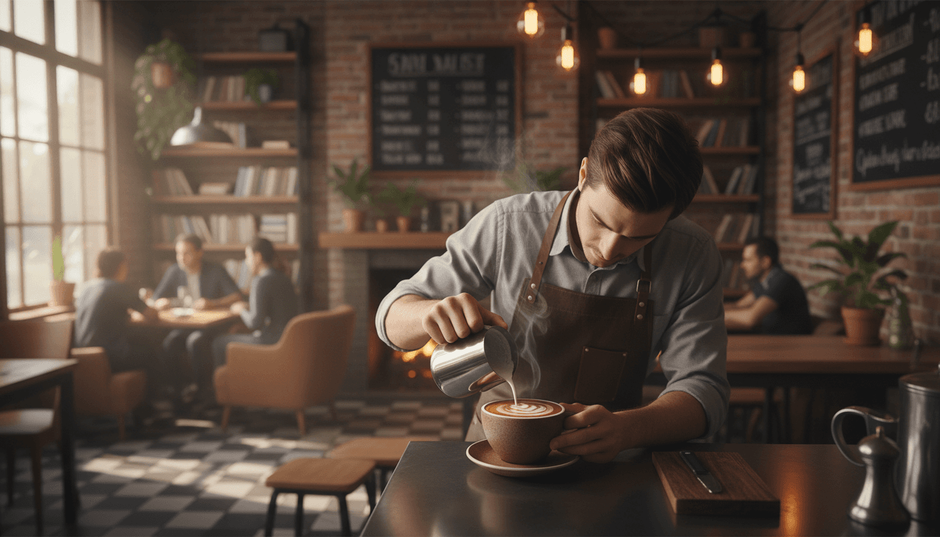 Barista sirviendo café con arte latte en una taza dentro de una cafetería acogedora
