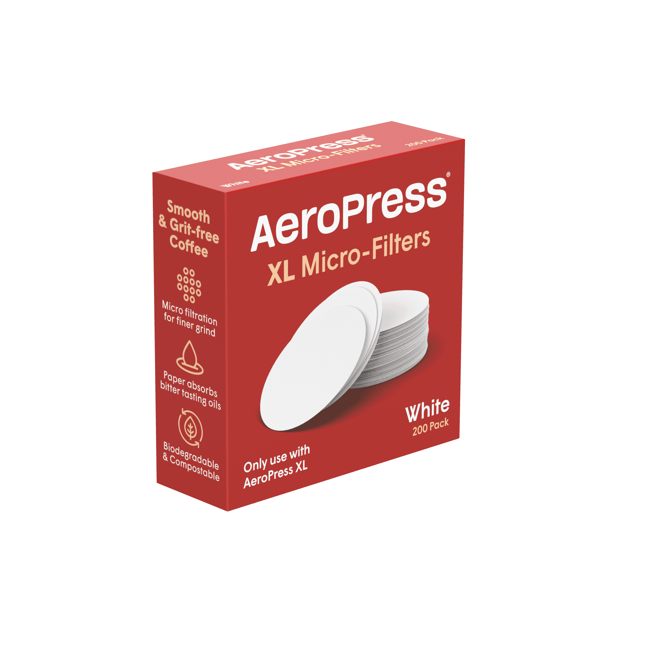 Caja roja de 200 microfiltros blancos AeroPress XL para un café suave y sin posos.