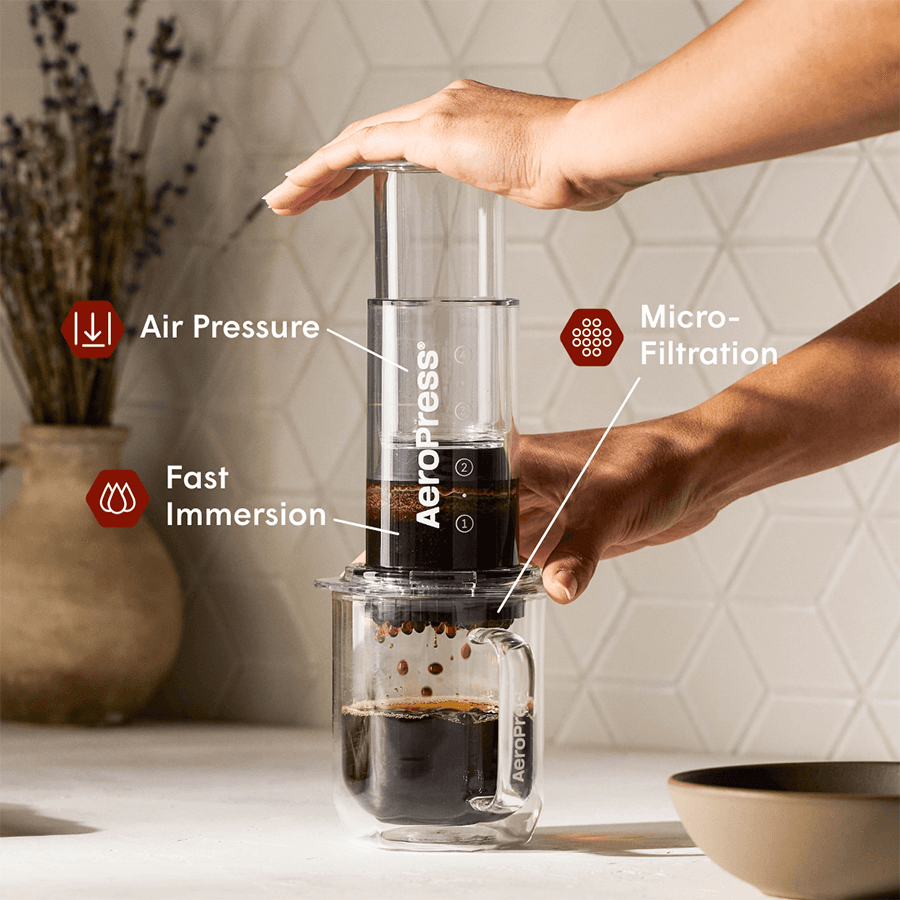 Manos presionando una cafetera AeroPress sobre una taza transparente con etiquetas descriptivas de características.