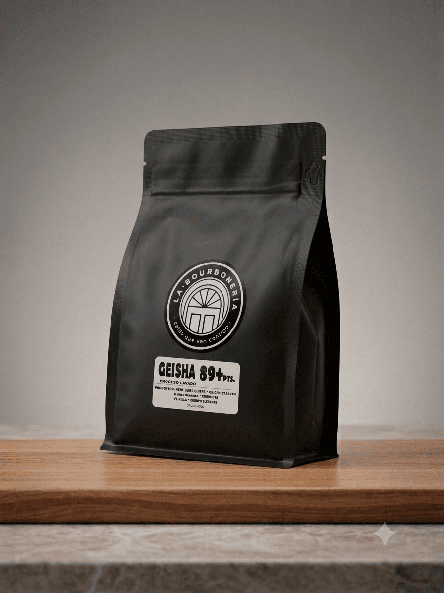 Bolsa de café Geisha de La Bourboneria sobre una superficie de madera clara.