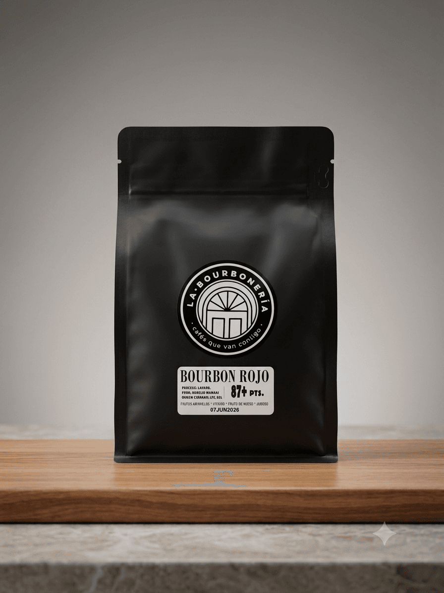 Paquete de café negro mate Bourbon Rojo de La Bourbonería sobre una tabla de madera.