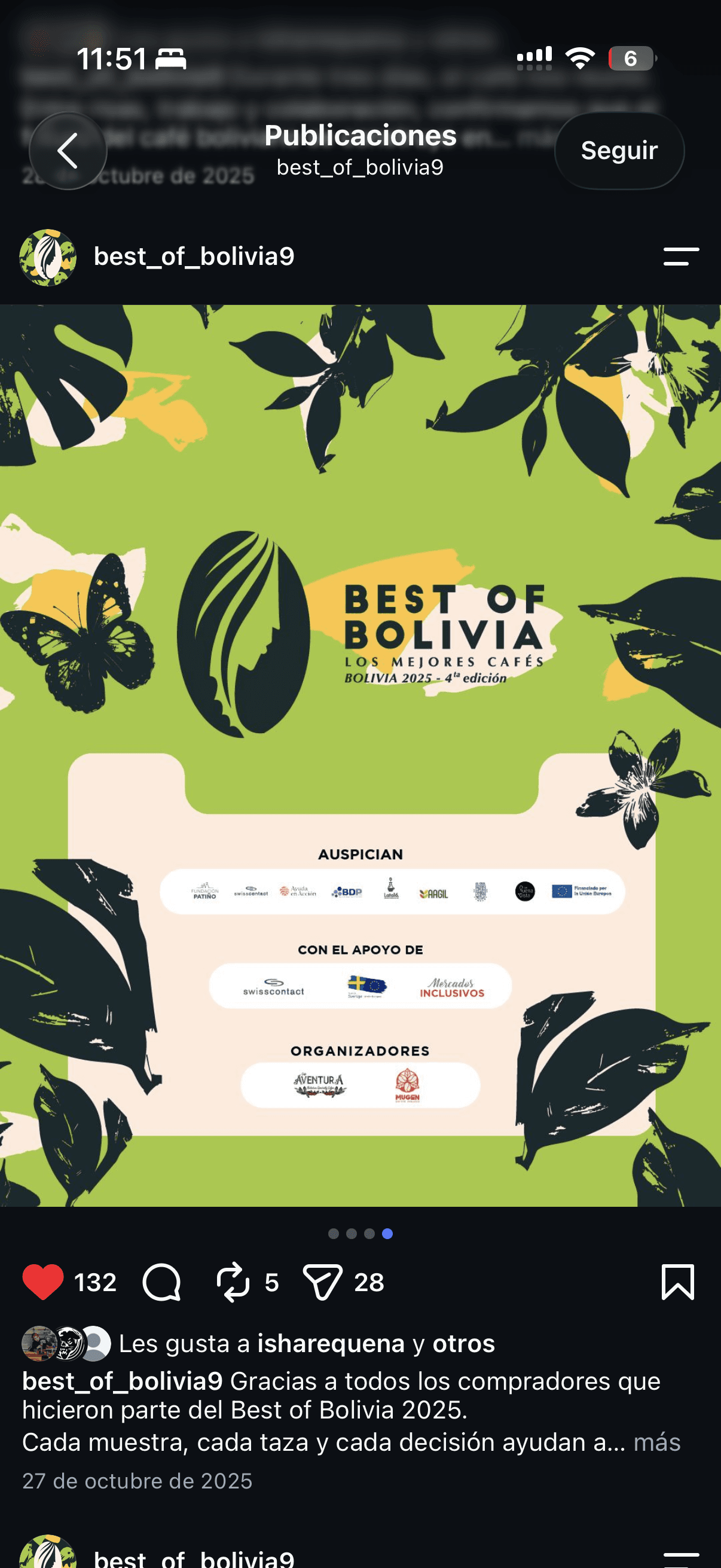 Afiche de Best of Bolivia 2025 sobre café con ilustraciones botánicas y logos de patrocinadores.