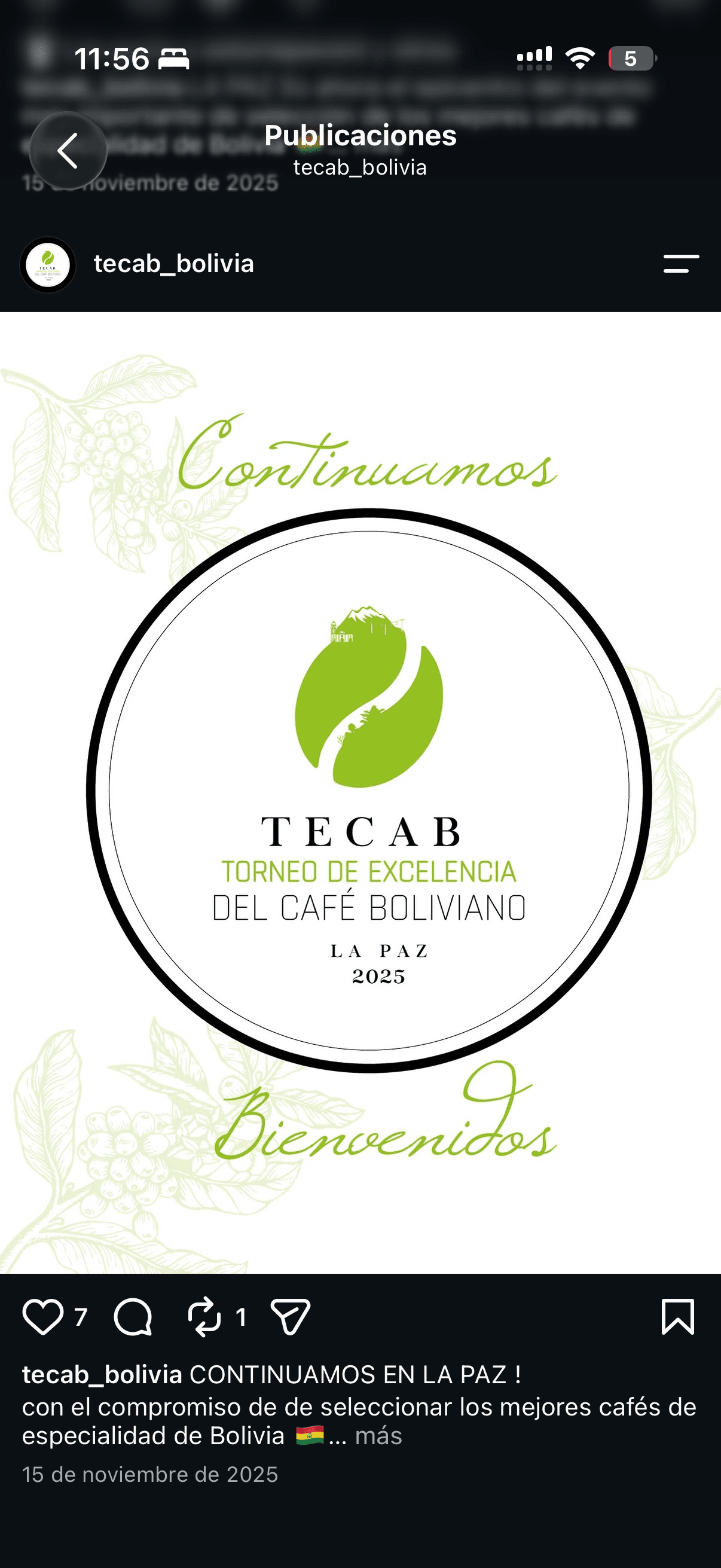 Anuncio del Torneo de Excelencia del Café Boliviano 2025 en La Paz con ilustraciones botánicas.